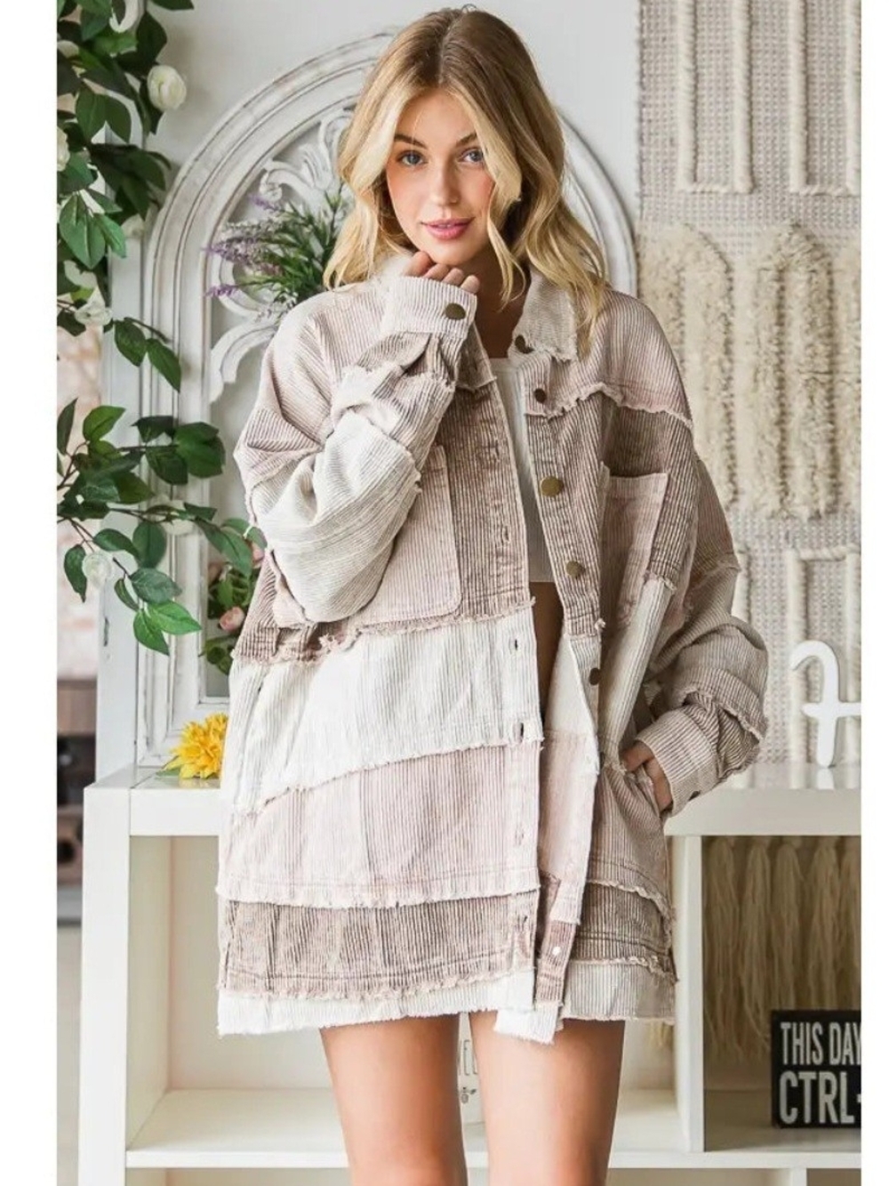 Oli & Hali Taupe & Cream Corduroy Patchwork Shacket